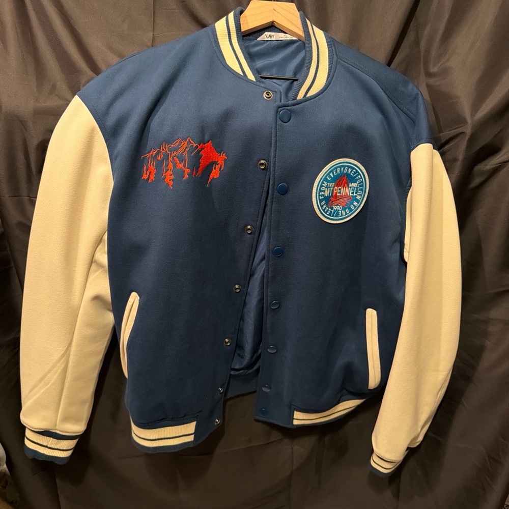 Zara Blue and Cream Bomber Jacket